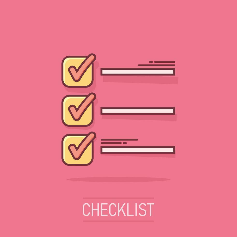 Vector cartoon to do list icon in comic style. Checklist, task list sign illustration pictogram. Reminder business splash effect concept.