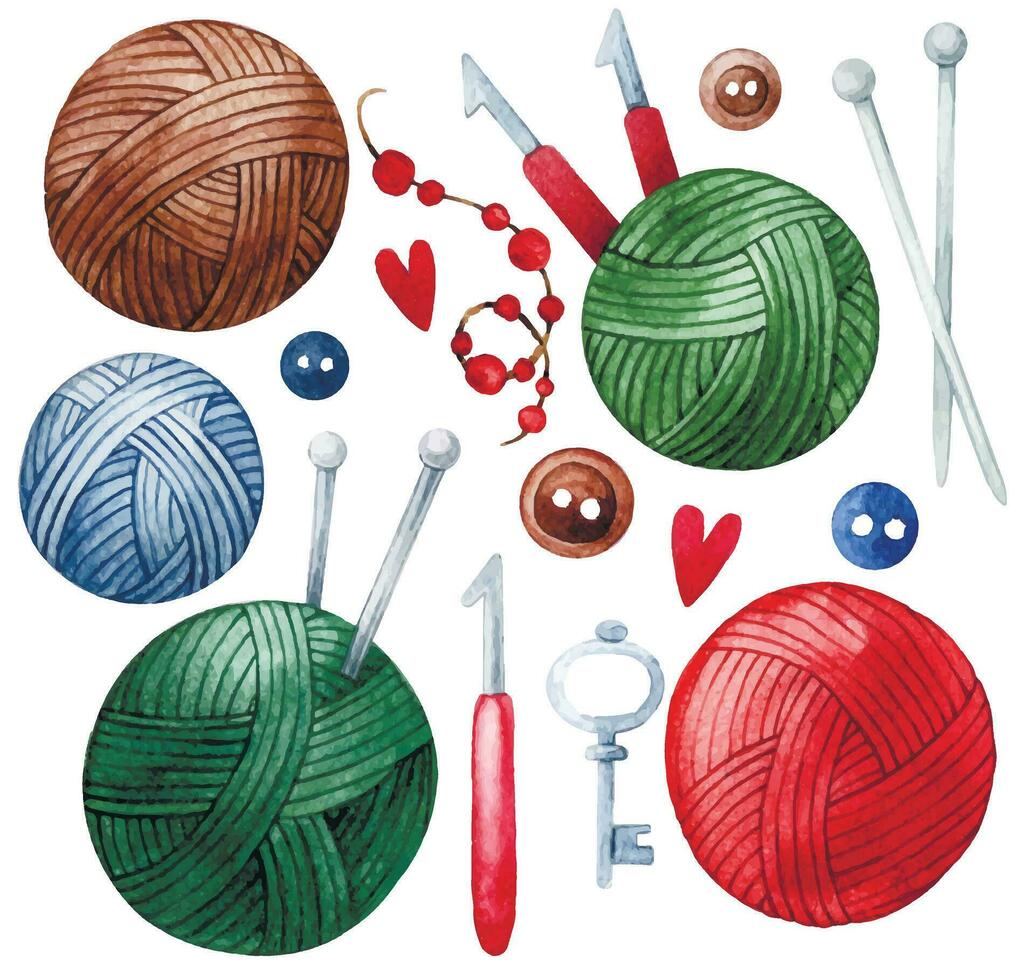 watercolor drawing, set of balls of yarn for knitting, needlework. knitting needles, crochet hook, buttons and beads vector