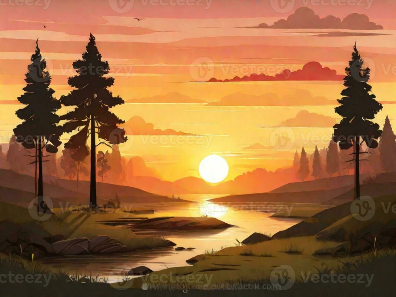 AI Generated Sunset Sunrise In Pine Forest. Close View Of Dark Black Spruce Trunks Silhouettes In Natural Sunlight Of Bright Colorful Dramatic Sky. Sunshine In Sunny Coniferous Forest. photo