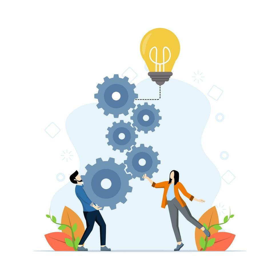 concept of cooperation in business, people work together to create ideas, shining light bulbs emerge ideas, symbol of creativity, creative idea, thinking, thinking. Flat vector illustration.