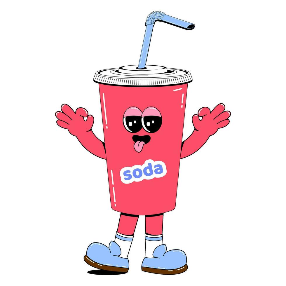 Cute soda character. Paper glass with lid and straw. Soda mascot with arms, legs and a cute face. vector