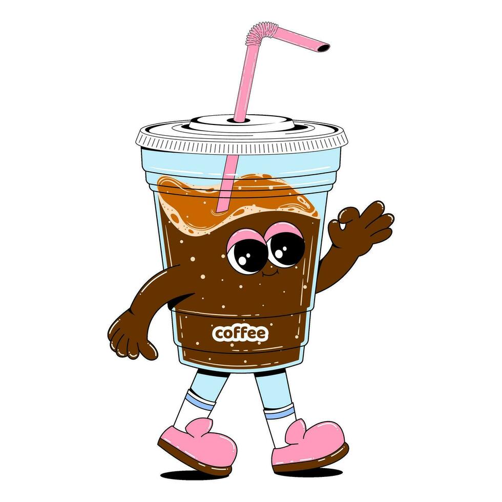 Cute character of a transparent glass with coffee. Vector illustration of a coffee mascot with arms, legs and a cheerful face in retro cartoon style.