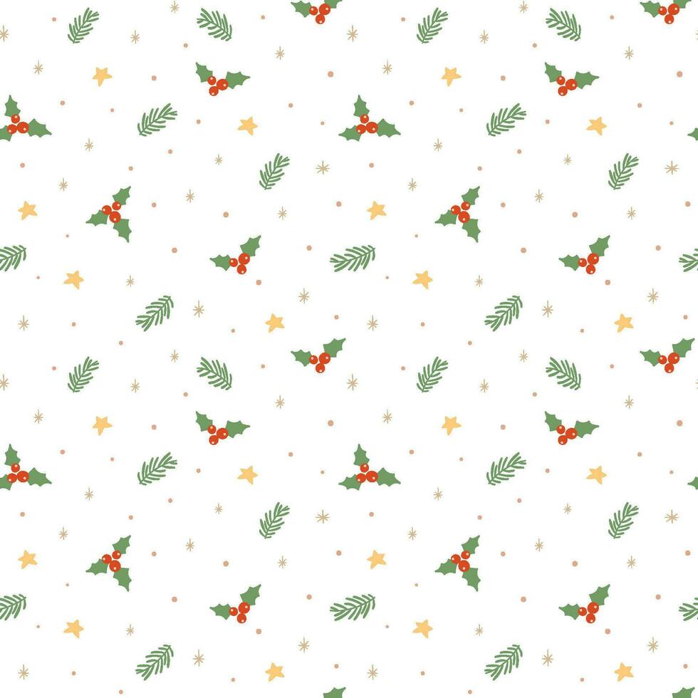 Christmas floral pattern with tiny leaves, berries, snowflakes, stars, fir branches elements on white background. Vector winter holiday repeat background. Cute Xmas wallpaper, wrapping paper, fabric