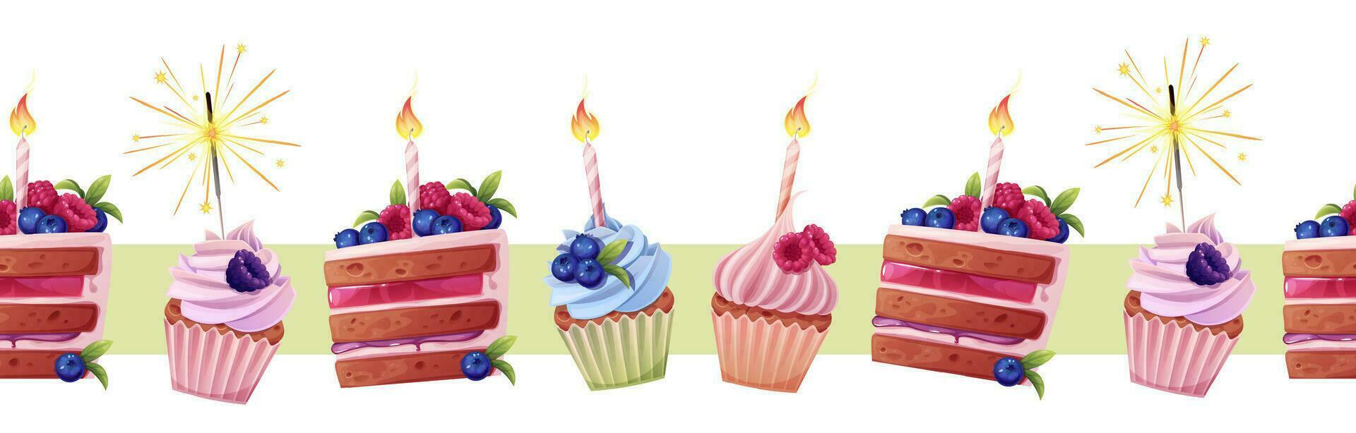 Seamless border of cupcakes, piece of cake, decorated with cream and berries. Tape for decoration, design, cards vector