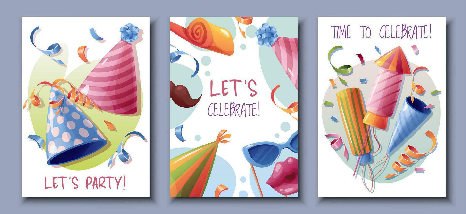 Set birthday greeting card design. Banner, flyer template with party hats, crackers, fireworks, confetti and serpentine. Happy birthday Invitation design for holiday, anniversary, party vector