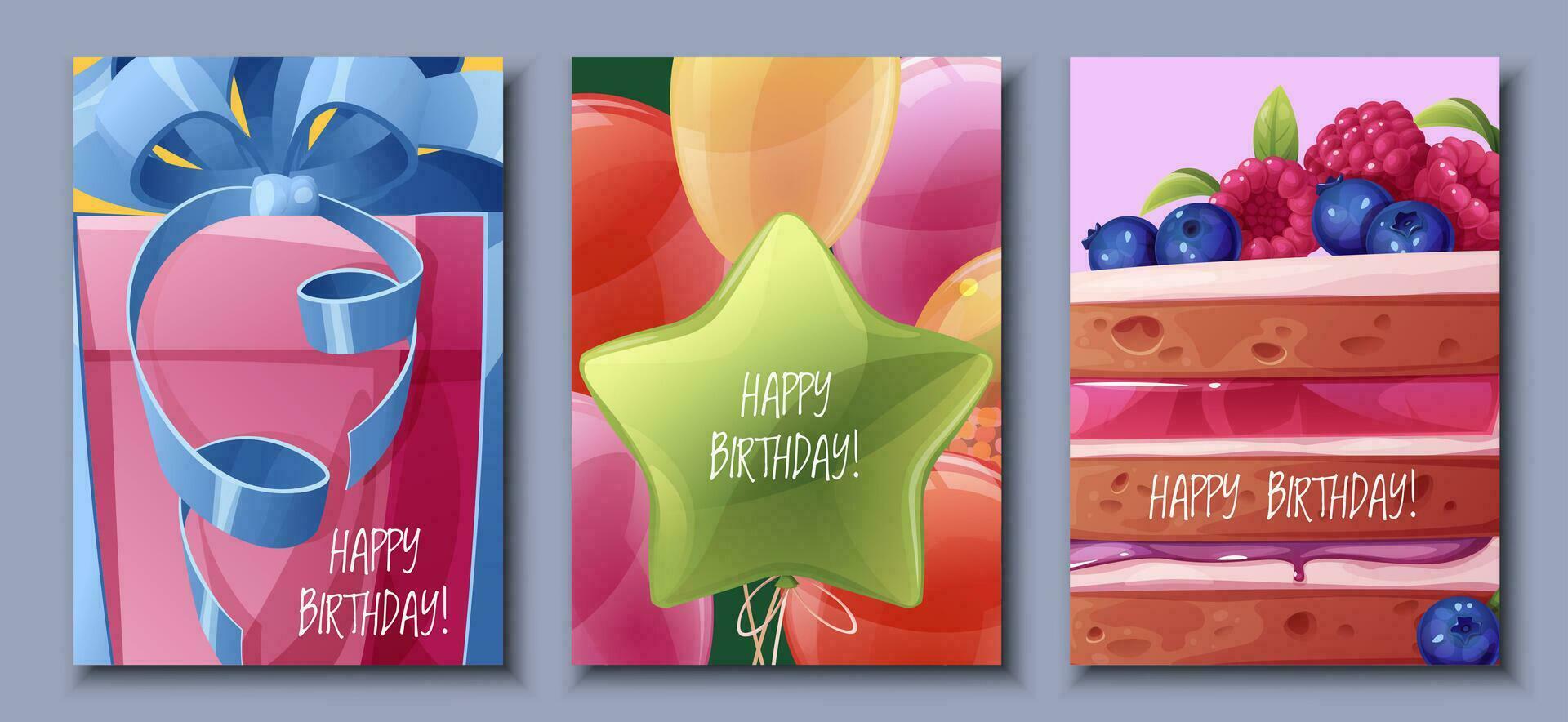conjunto cumpleaños saludo tarjeta diseño. bandera, volantes modelo con pastel, globos, regalo caja con arco. contento cumpleaños invitación diseño para día festivo, aniversario, fiesta vector