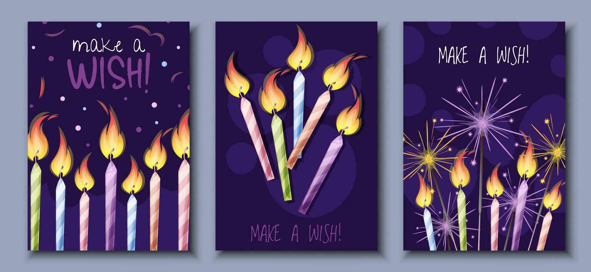 Set of birthday greeting card design. Banner, flyer with candles, fireworks, sparklers. Happy birthday Invitation design for holiday, anniversary, party. vector