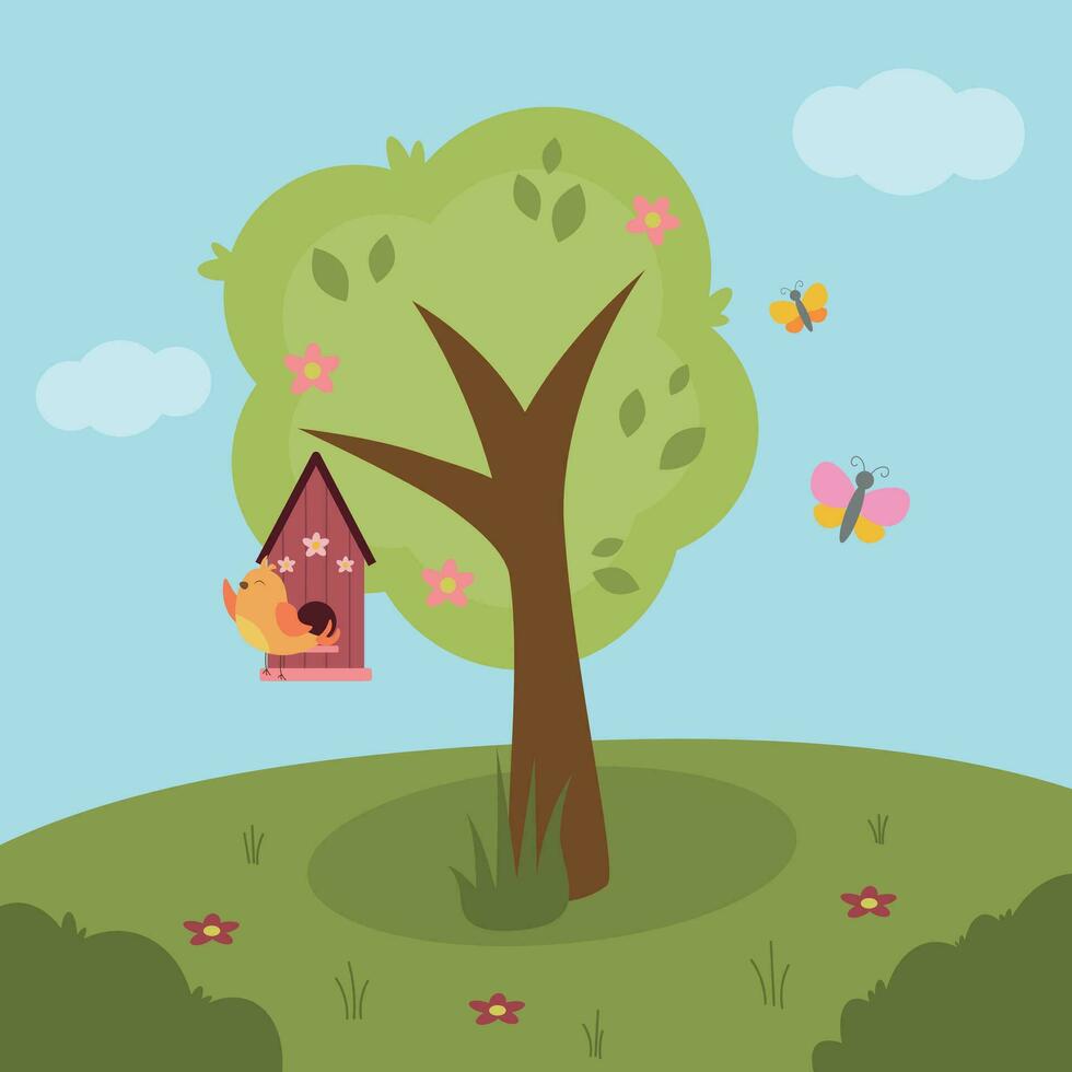 Vector spring illustration with tree, flowers and birdhouse, hand drawn flat cartoon elements