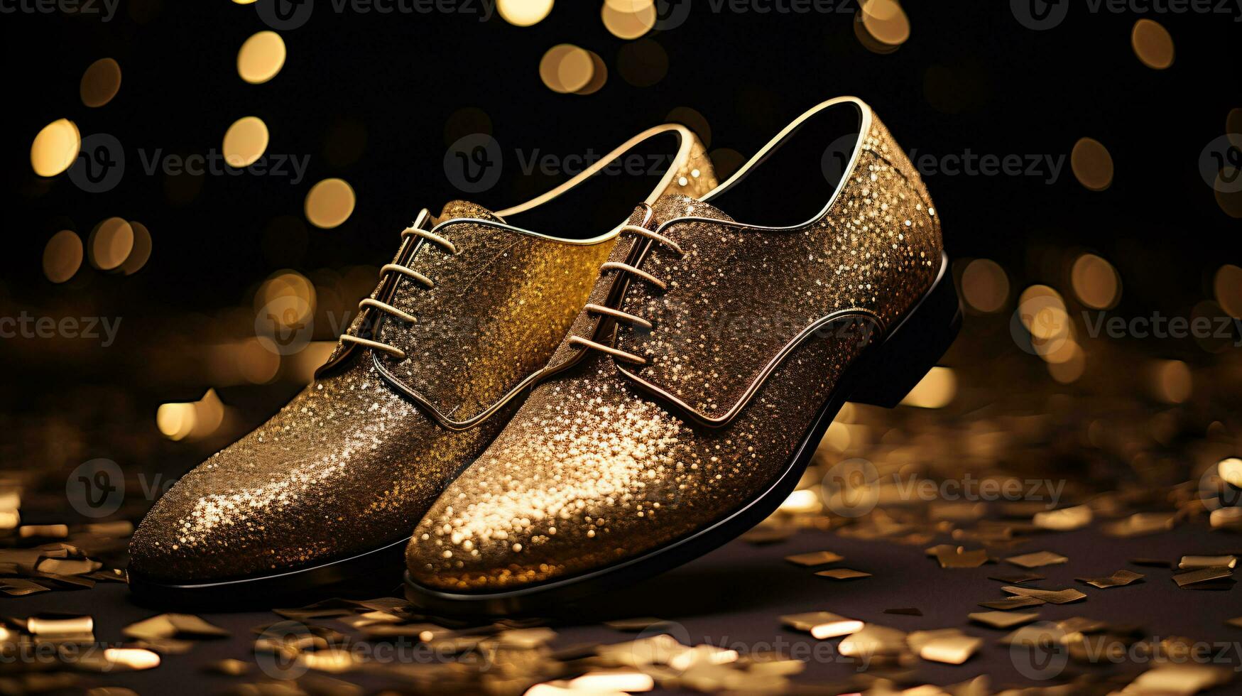 AI generated New years male golden sparkling shoe surrounded by glitter photo