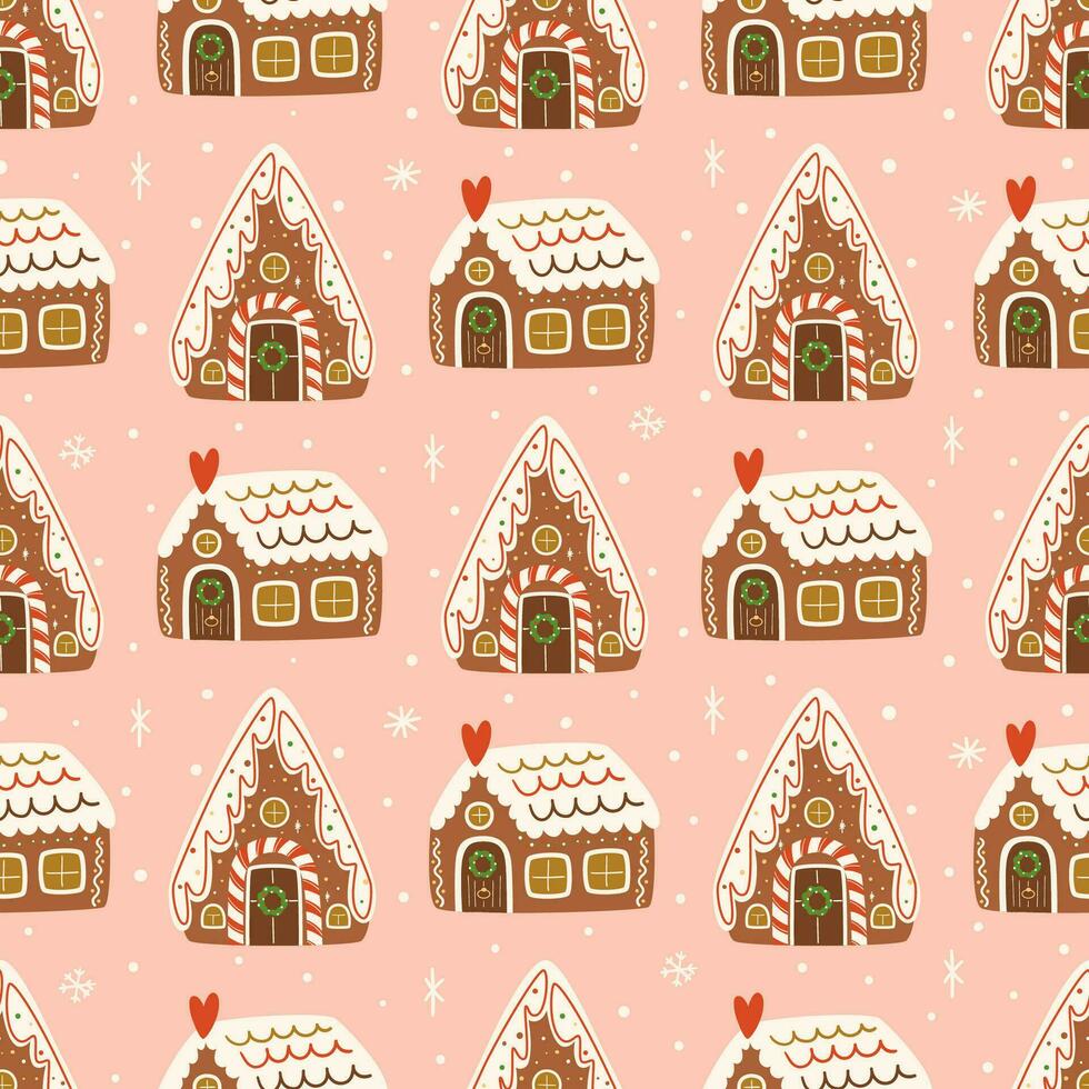 Pink Christmas gingerbread houses seamless pattern. Winter holidays cookies vector repeat background. New year time textile, wallpaper, print design package, wrap paper. Hand drawn food illustration.