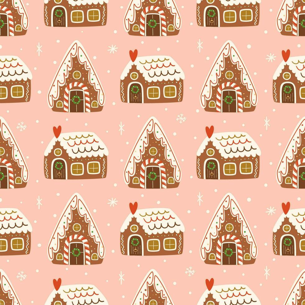 rosado Navidad pan de jengibre casas sin costura modelo. invierno Días festivos galletas vector repetir antecedentes. nuevo año hora textil, fondo de pantalla, impresión diseño paquete, envolver papel. mano dibujado comida ilustración.