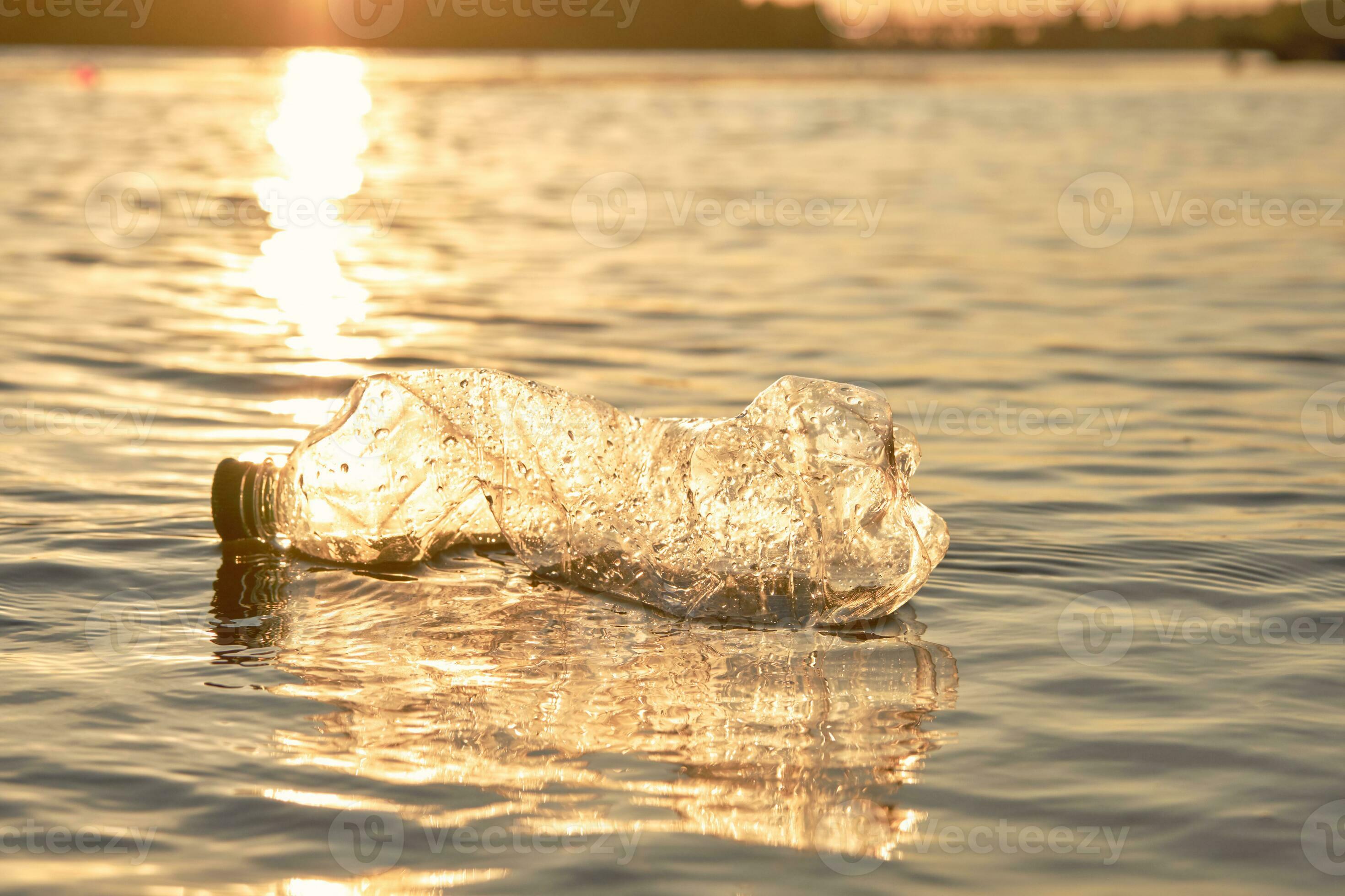 Crumpled plastic bottle floats on the surface of the water. Sunset, green trees. People and
