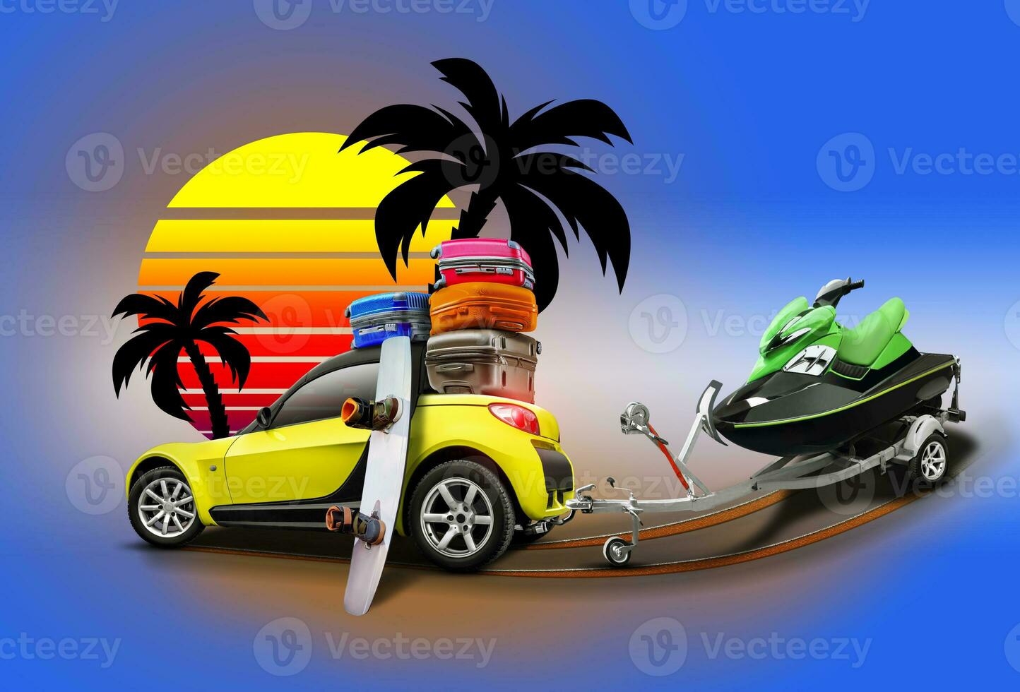 Yellow car with suitcases on roof and wakeboard leaning on it, trailer with jet ski, palms and sun on blue background. Collage. Copy space, close-up. photo