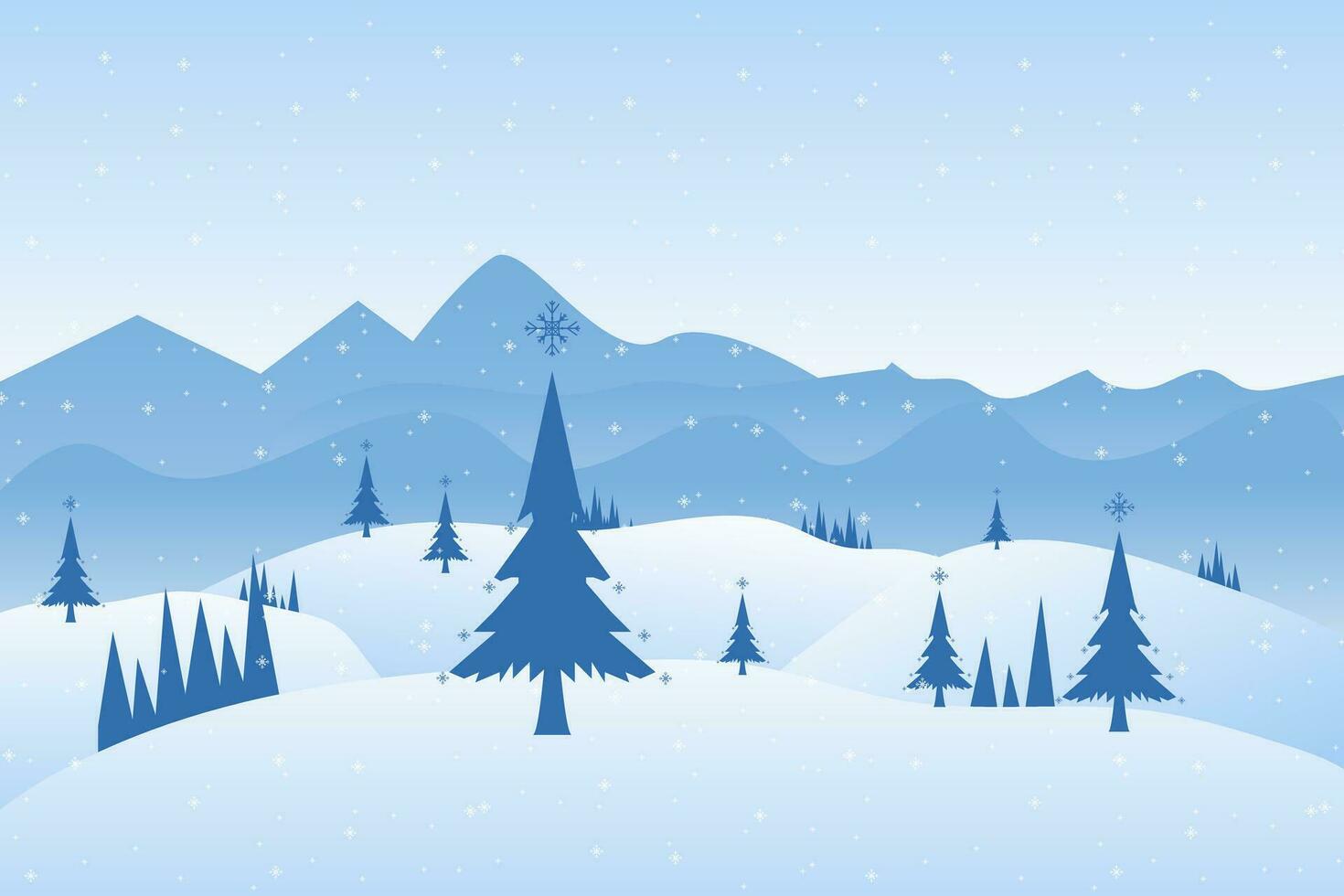Snowy Mountains landscape with hills and pines, with winter trees snow on isolated blue background concept vector