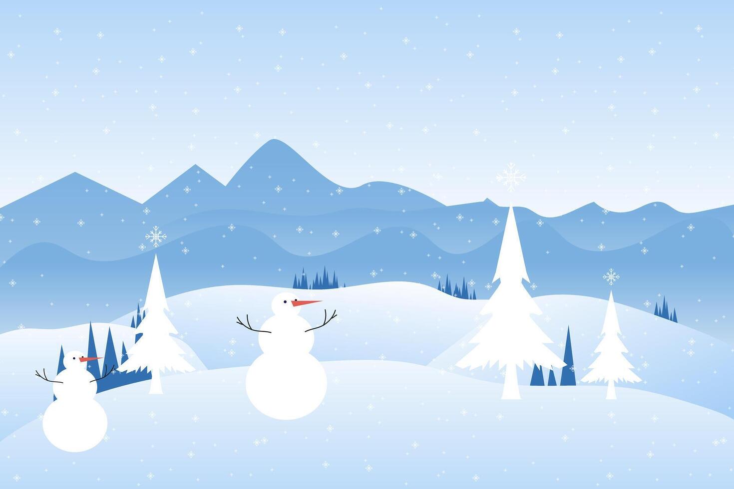 Two snowman with ice trees and Winter snowy Mountains landscape with hills and pines, with snowman and winter trees snow on isolated blue background concept vector