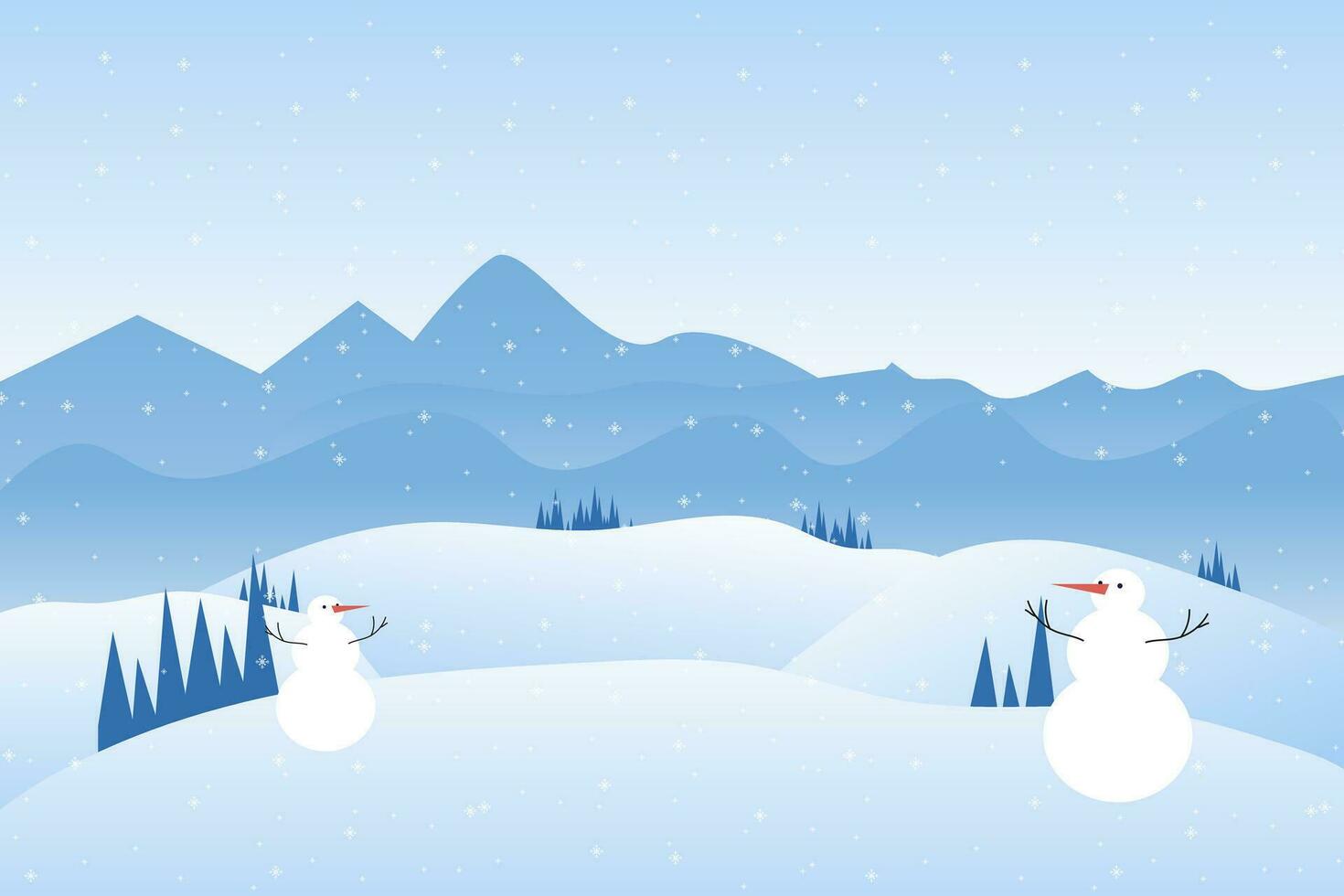 A Winter snowy Mountains landscape with hills and pines, with snowman and winter trees snow on isolated blue background concepts vector