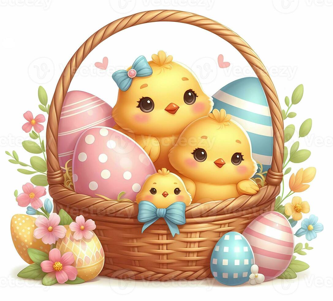 AI generated Cute Easter chickens in basket with Easter eggs and flowers. Digital watercolor illustration photo