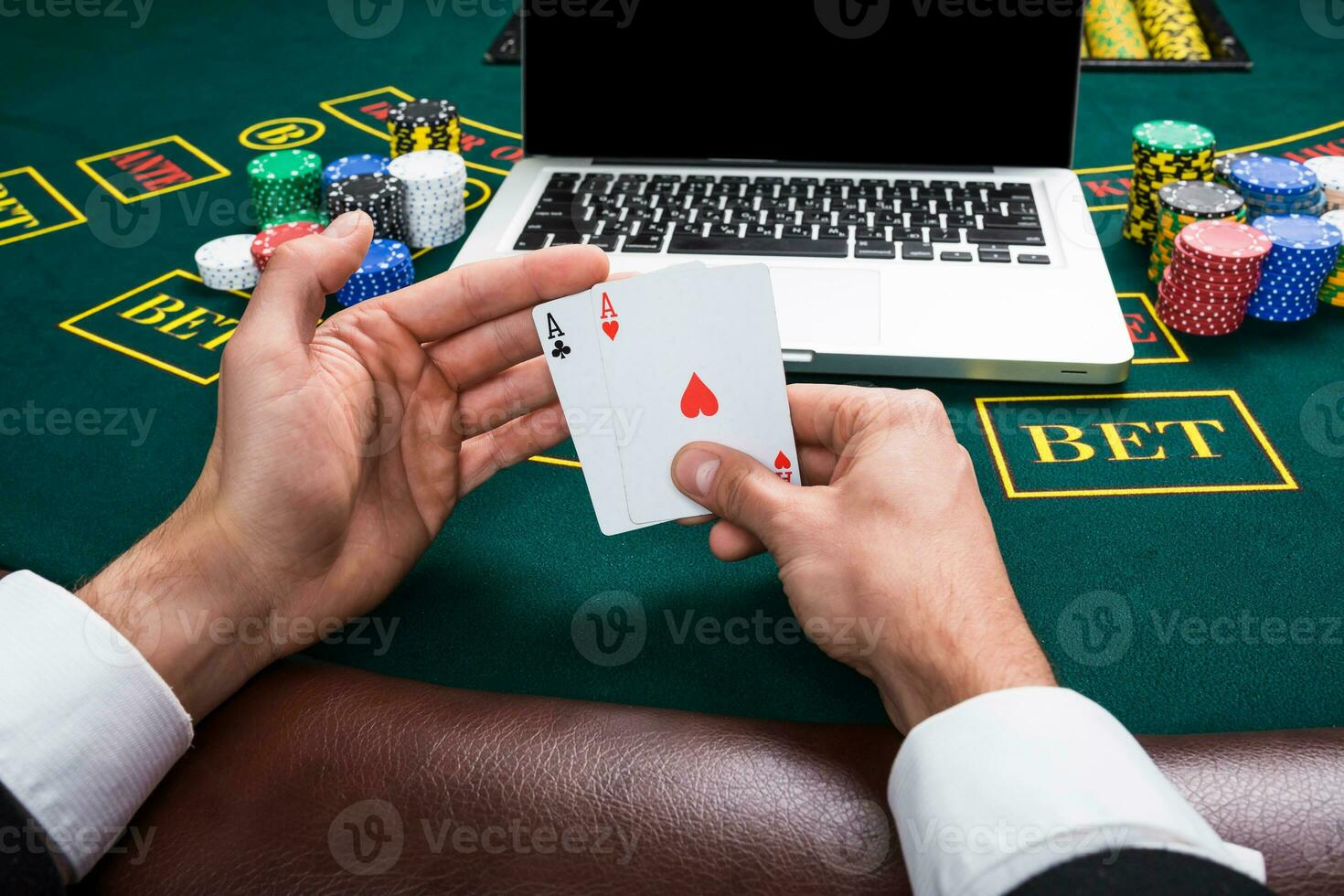 casino, online gambling, technology and people concept photo