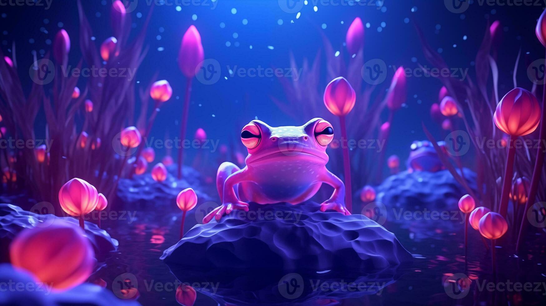 AI generated Cute frog is sitting on the rock in the lake. Beautiful nature on the lake. Purple flowers neon lights. Dark fantasy background in blue purple colors photo