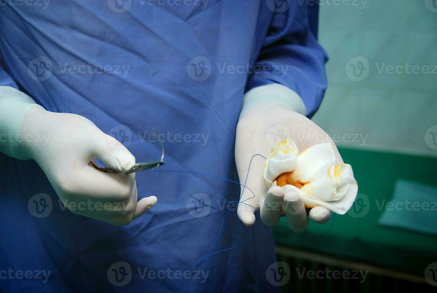 a person in a blue gown holding a small object photo