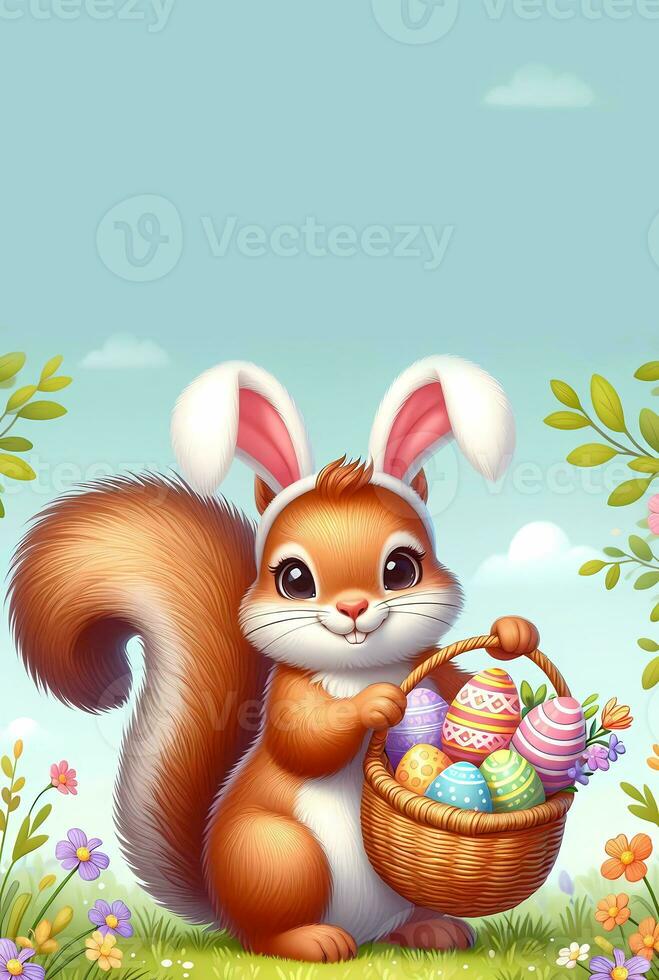 AI generated Cute Squirrel character with bunny ears and Easter basket. Digital illustration photo