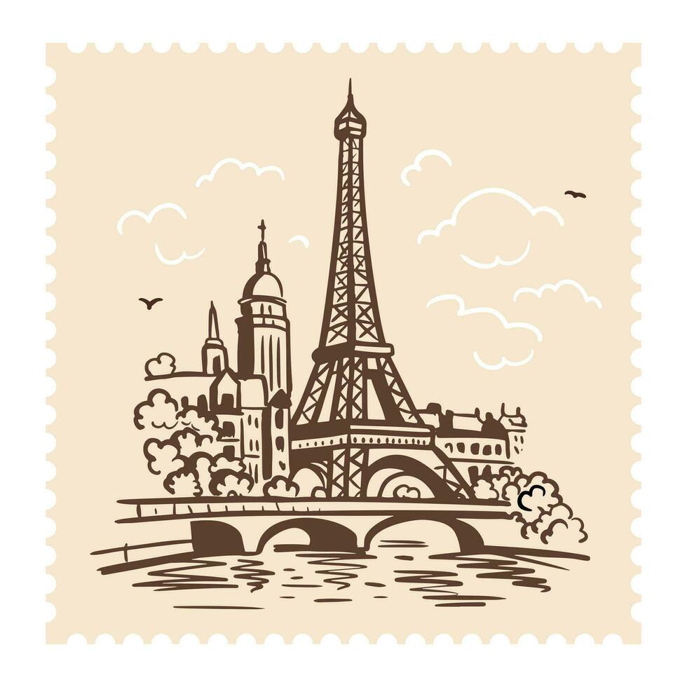 Eiffel Tower in Paris on a postage stamp. Landmark of Paris. Doodle style illustration vector