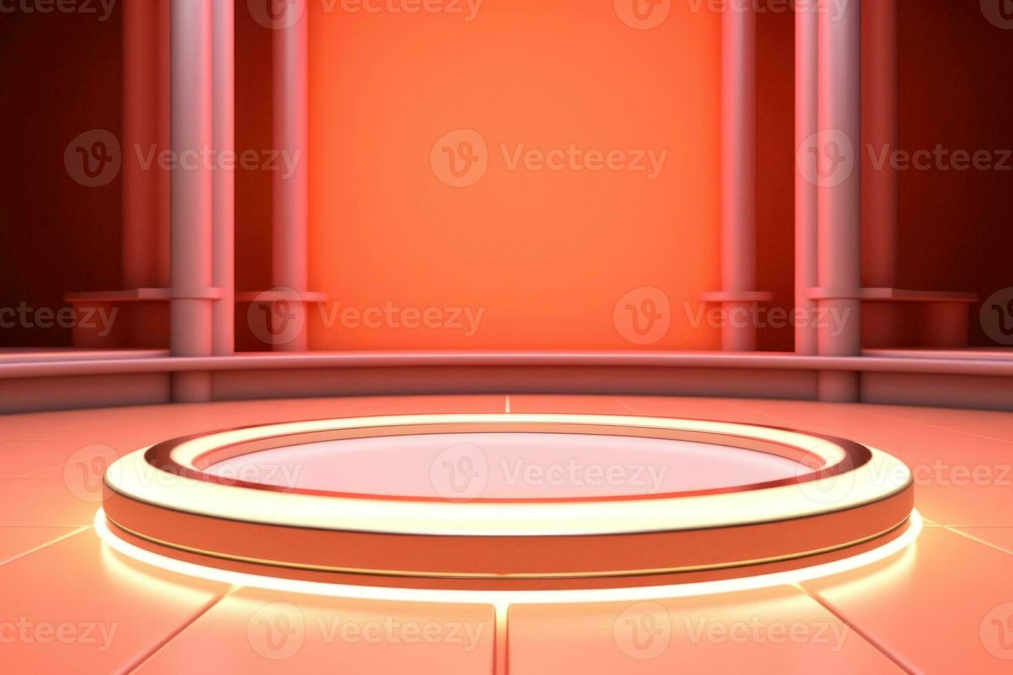 AI Generated Podium for product presentation. Stage for showcase. Mockup. Modern Stage bathed in lights, featuring a circular platform. Empty illuminated platform with modern design. With copy space. photo