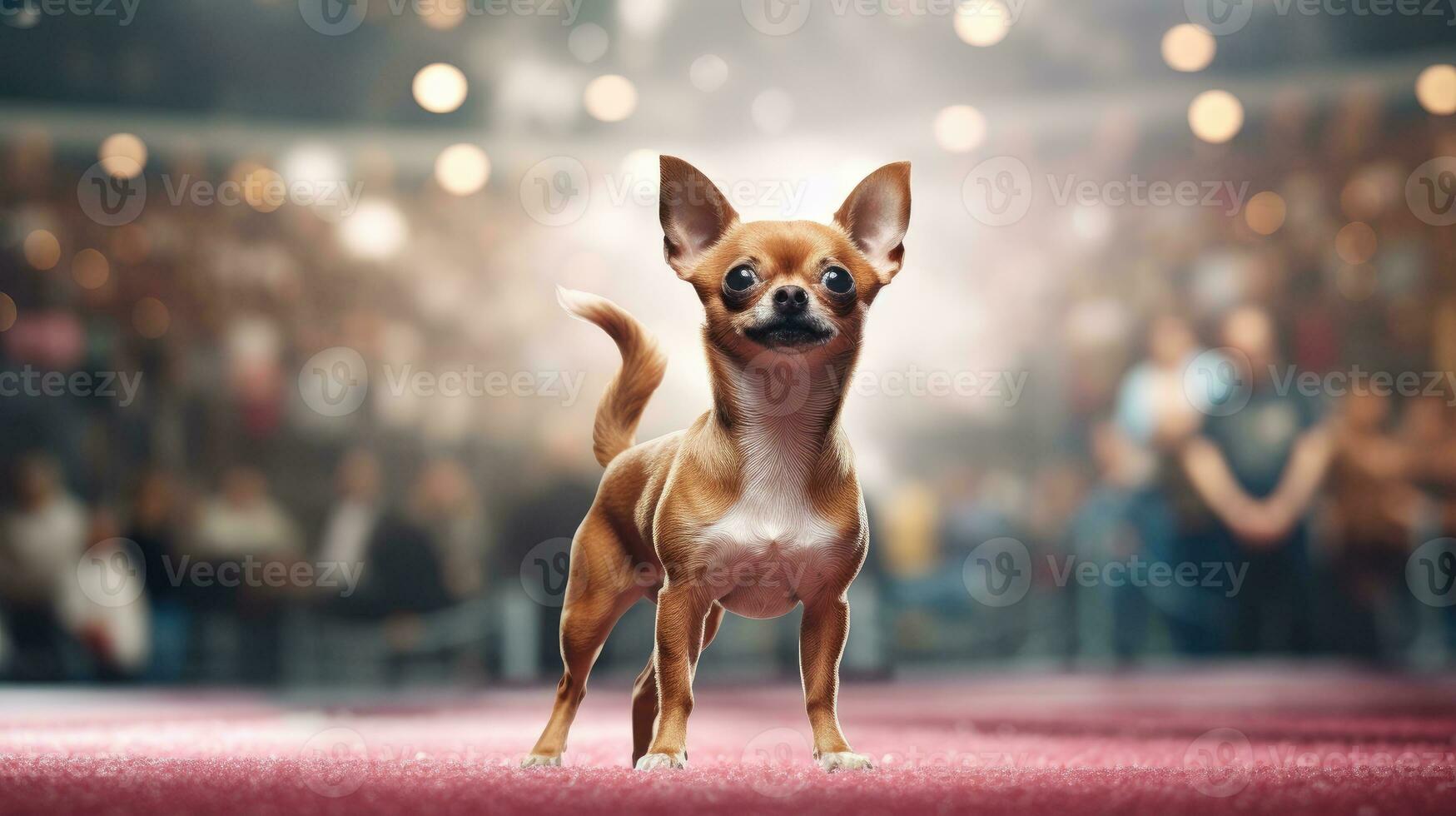 AI Generated Pedigreed purebred Chihuahua dog at exhibition of purebred dogs. Dog show. Animal exhibition. Competition for the most purebred dog. Winner, first place. beige color. Advertising, banner, poster, card photo