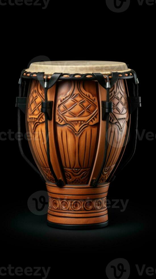 AI Generated HandCarved Bongo Drum on Black Background. Traditional percussion musical instrument of AfroCuban and Latin American culture. Perfect for musical themes, rhythm concepts, cultural designs. Vertical photo