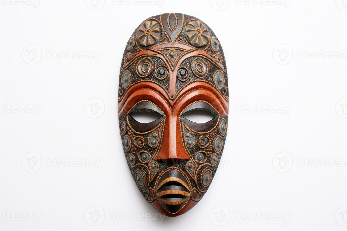 AI Generated African ethnic ritual mask isolated on white background. Wooden Tribal Mask of warrior with carved ornaments. Blend of Tradition and Modernity. Traditions and customs of Africa. Travel souvenir photo