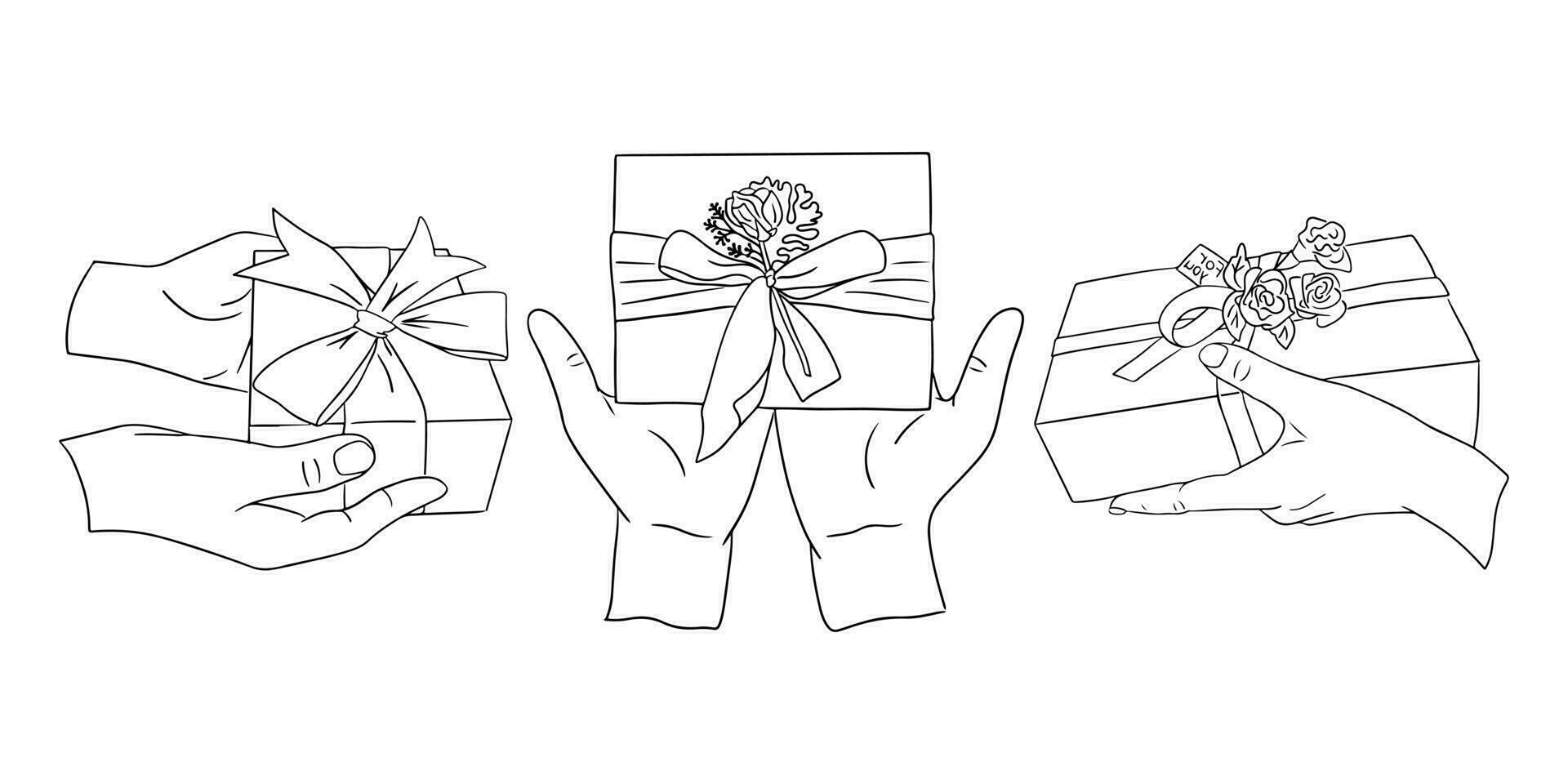 Contour hand drawn doodle set with hands and gifts. Tiny hands giving present on holiday. Christmas, Valentines, birthday concept compositions. Ideal for tattoo, sticker, decoration, printout vector