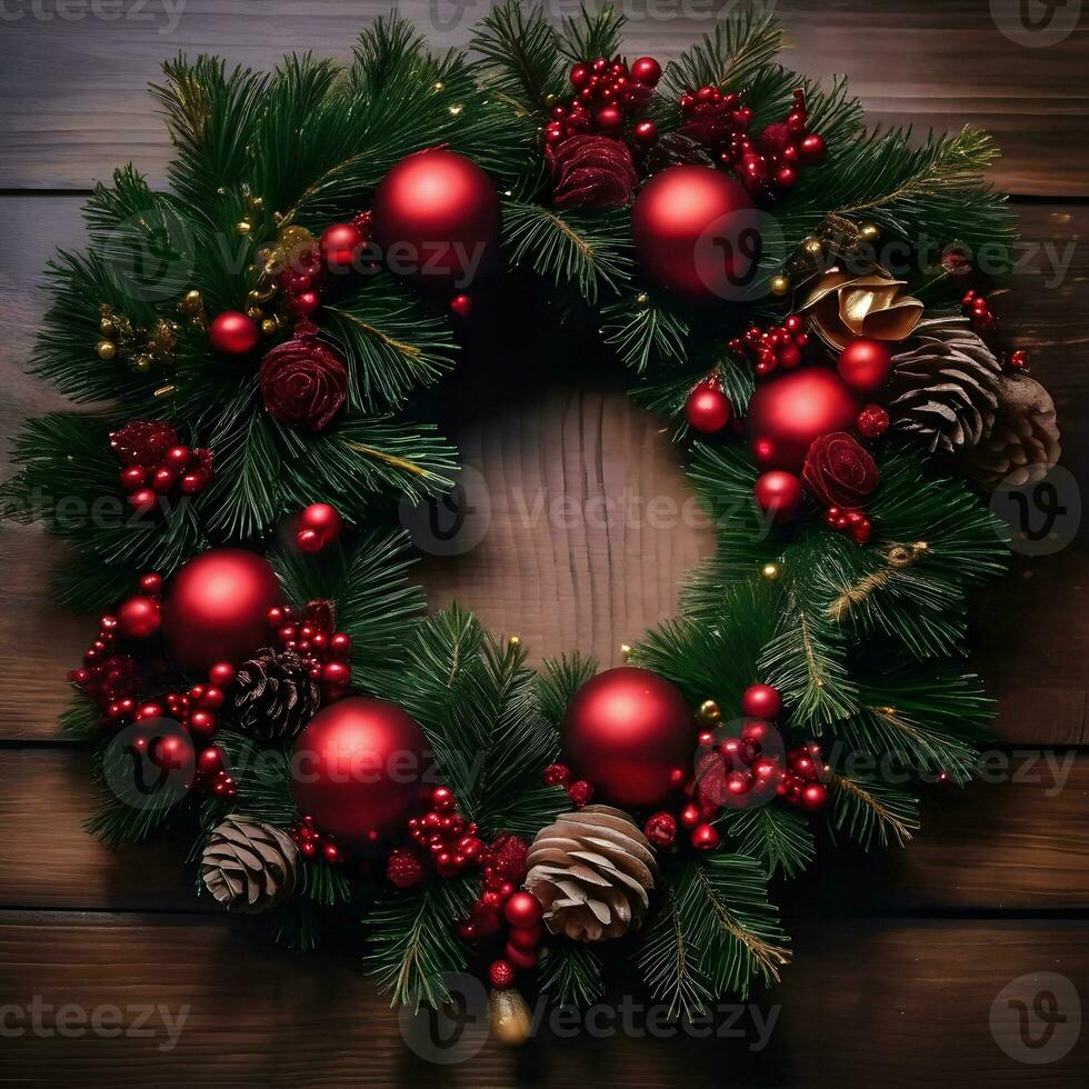 AI Generated A holiday wreath with red ornaments and pine branches. photo