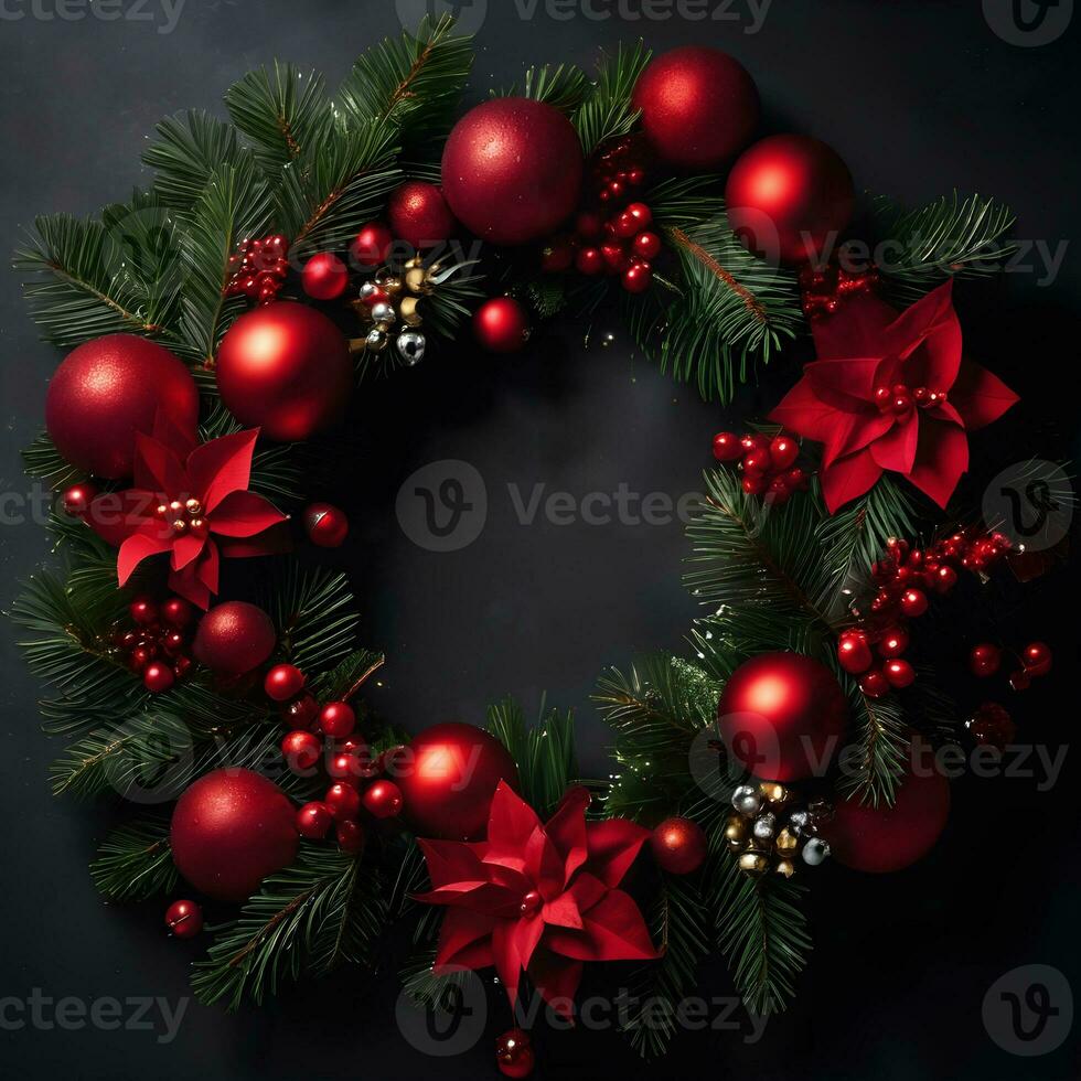 AI Generated A holiday wreath with red ornaments and pine branches. photo