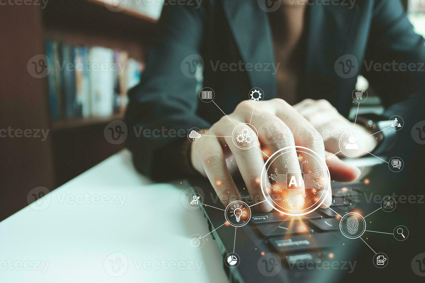 AI, Artificial Intelligence, Concept global data connection with Internet technology, using online transaction with AI by learning machine and big data, database management, cloud computing photo
