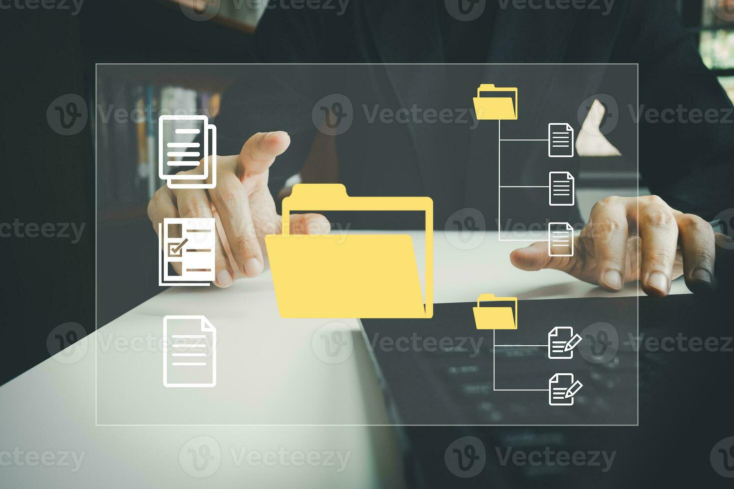 Officer using laptop manage files, Document Management System DMS, Online document database management, automated processes to manage system, ERP enterprise efficient, business technology. photo