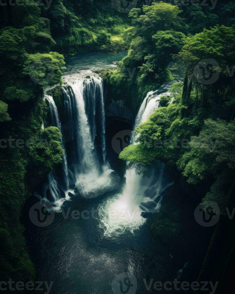 AI generated Aerial view of waterfall in a lush green forest photo