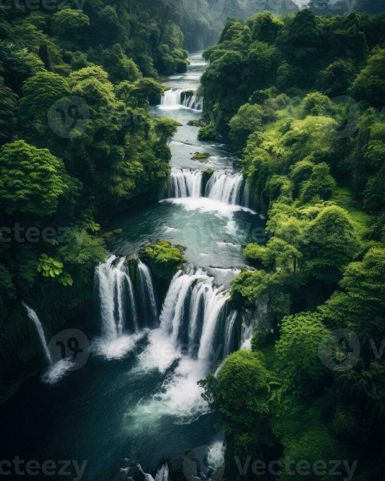 AI generated aerial view of a river flowing through a lush green forest with waterfall photo