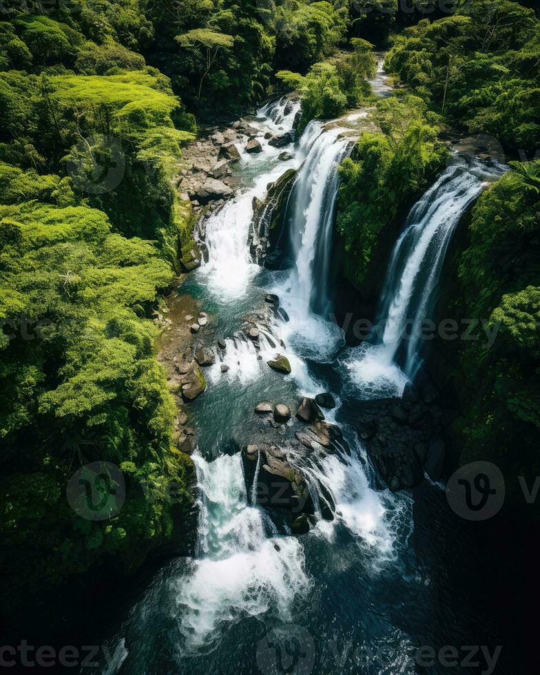 AI generated aerial view of a river flowing through a lush green forest with waterfall photo