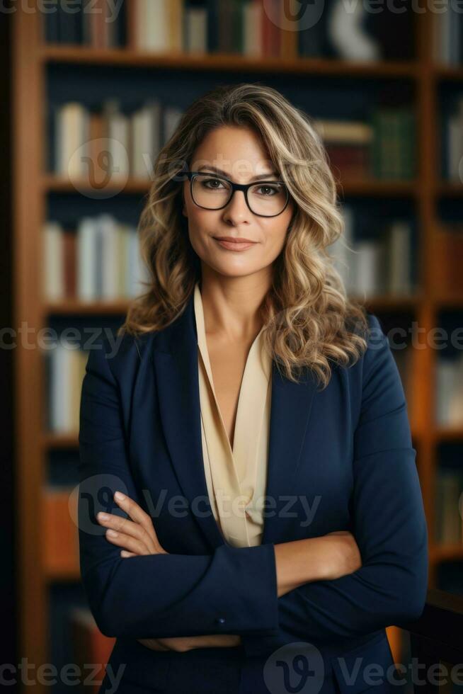 AI Generated Beauty suit executive adult business mature portrait lady confidence smile one standing photo