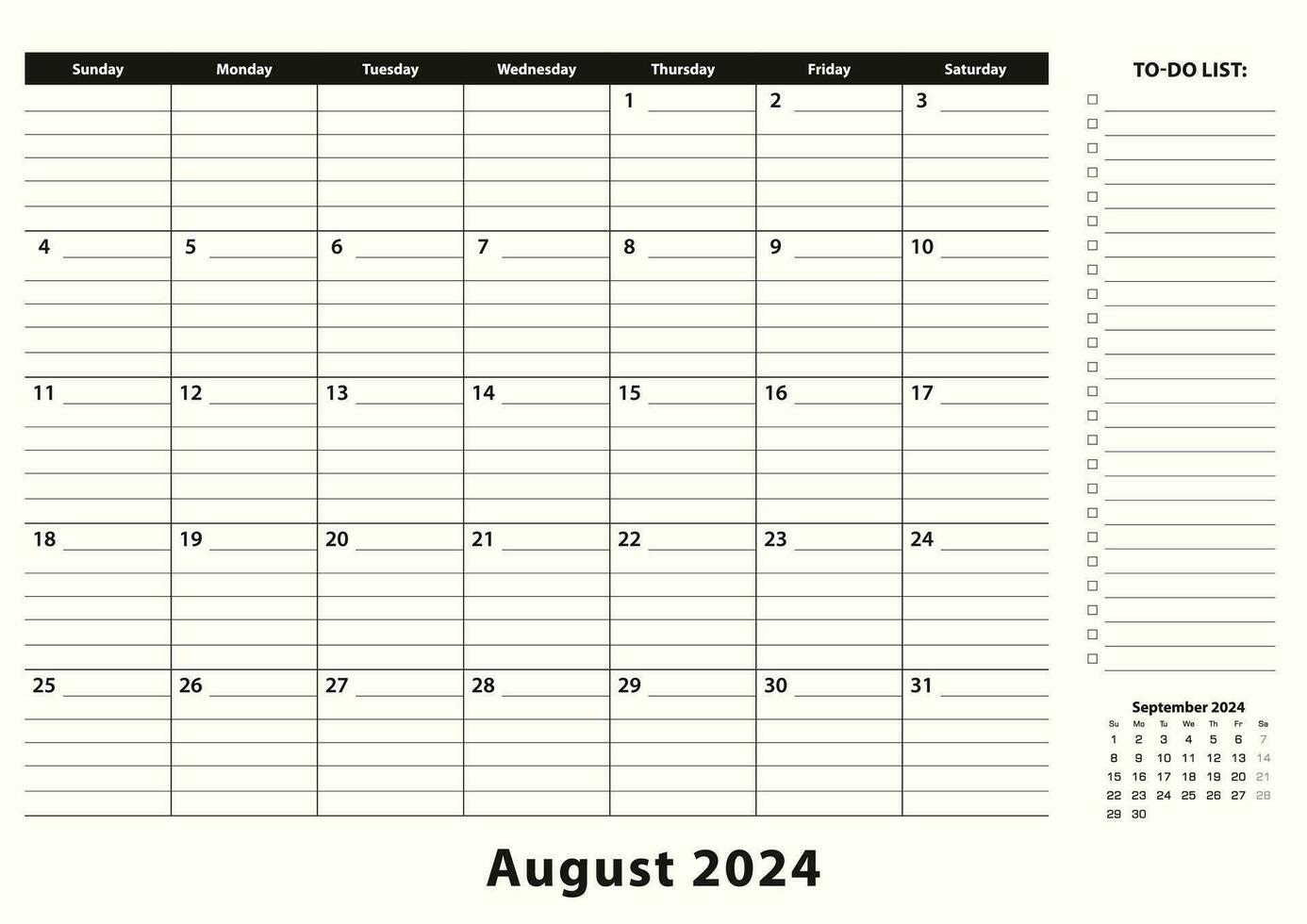 August 2024 Monthly Business Desk Pad Calendar. vector