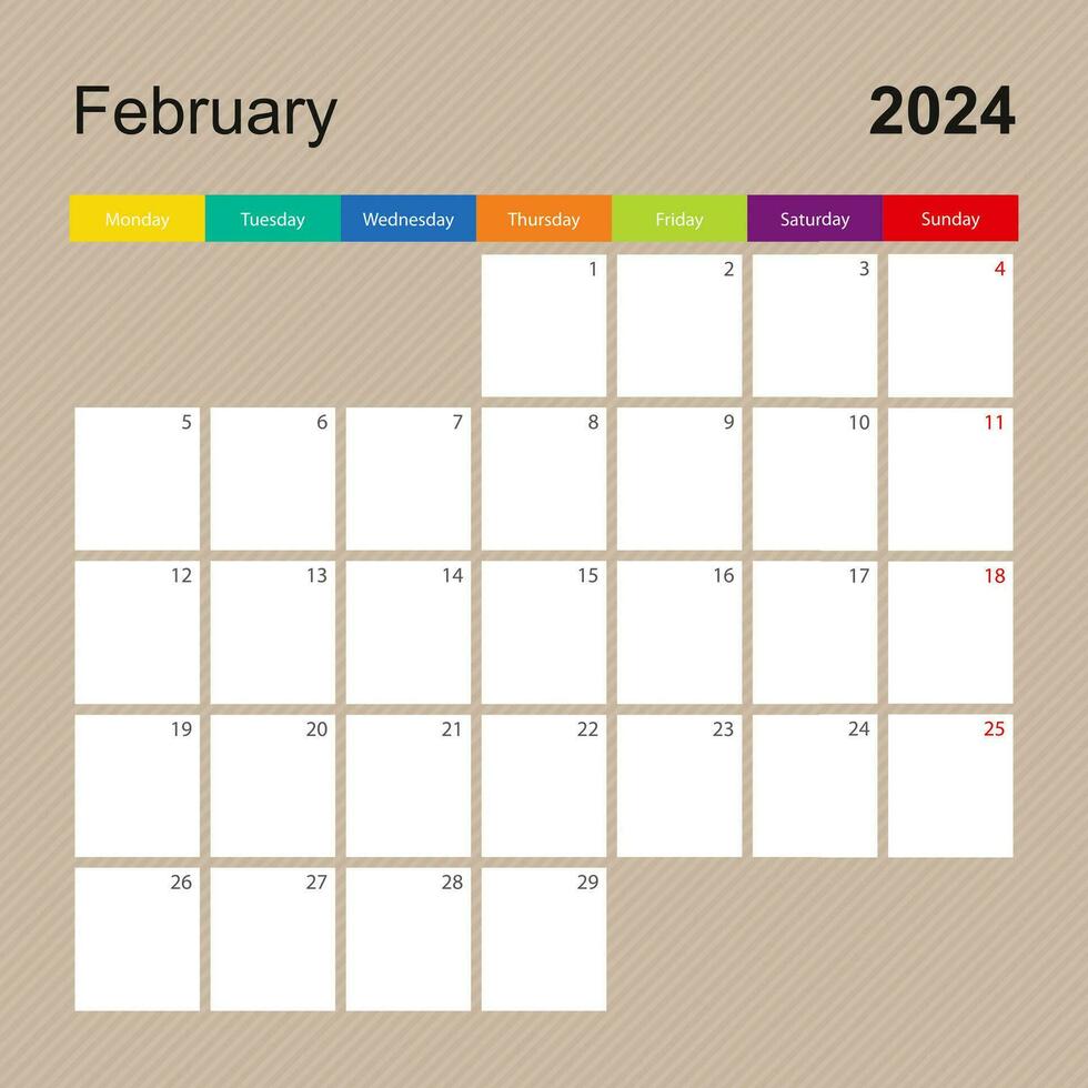 calendario página para febrero 2024, pared planificador con vistoso diseño. semana empieza en lunes. vector