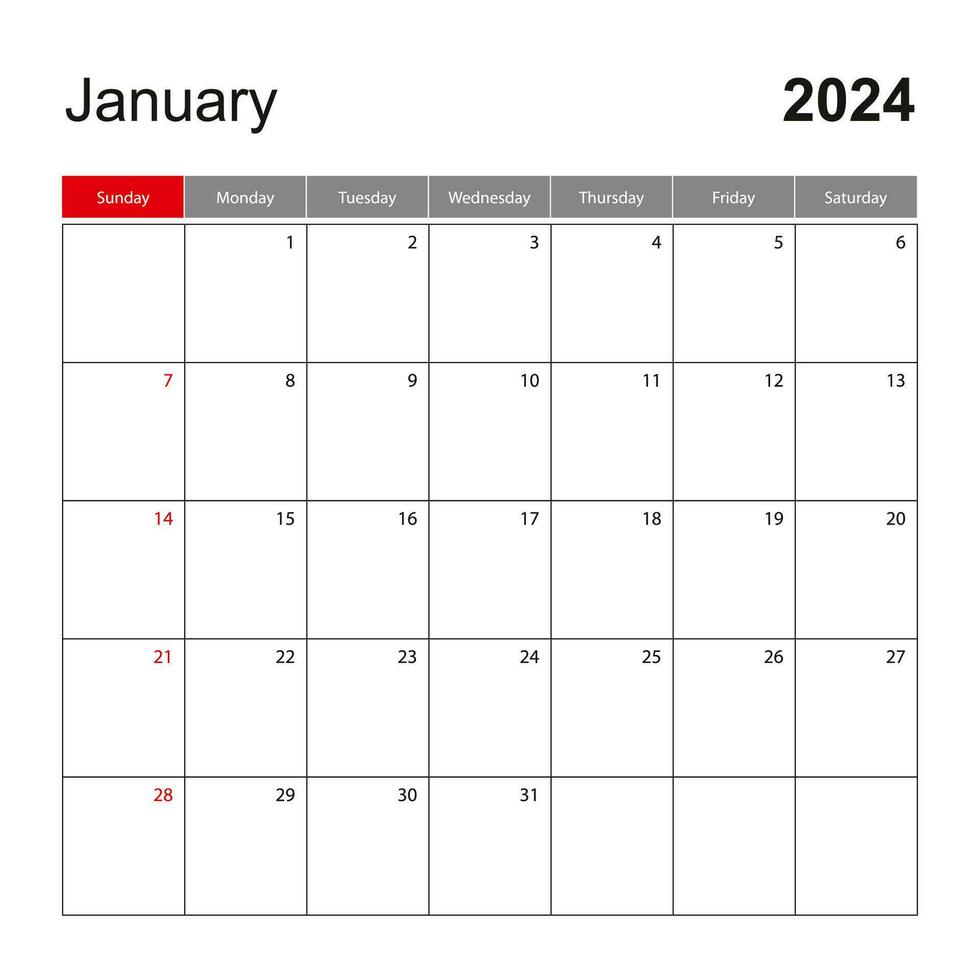 Wall calendar template for January 2024. Holiday and event planner, week starts on Sunday. vector