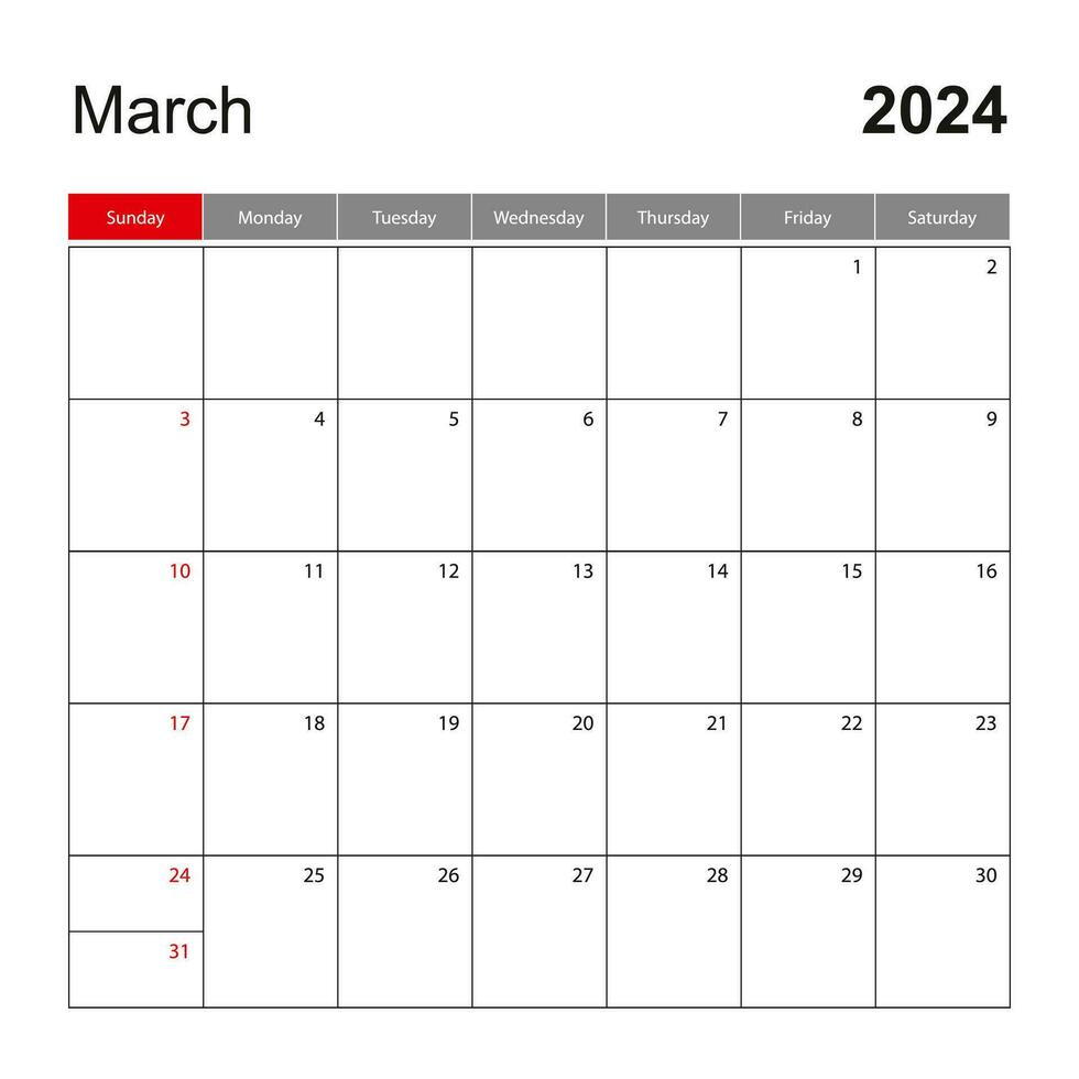 Wall calendar template for March 2024. Holiday and event planner, week starts on Sunday. vector