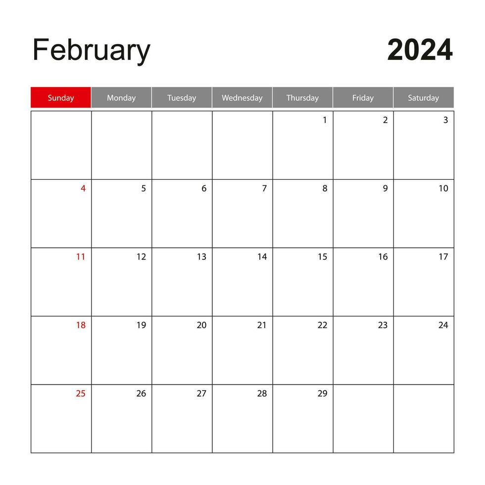Wall calendar template for February 2024. Holiday and event planner, week starts on Sunday. vector