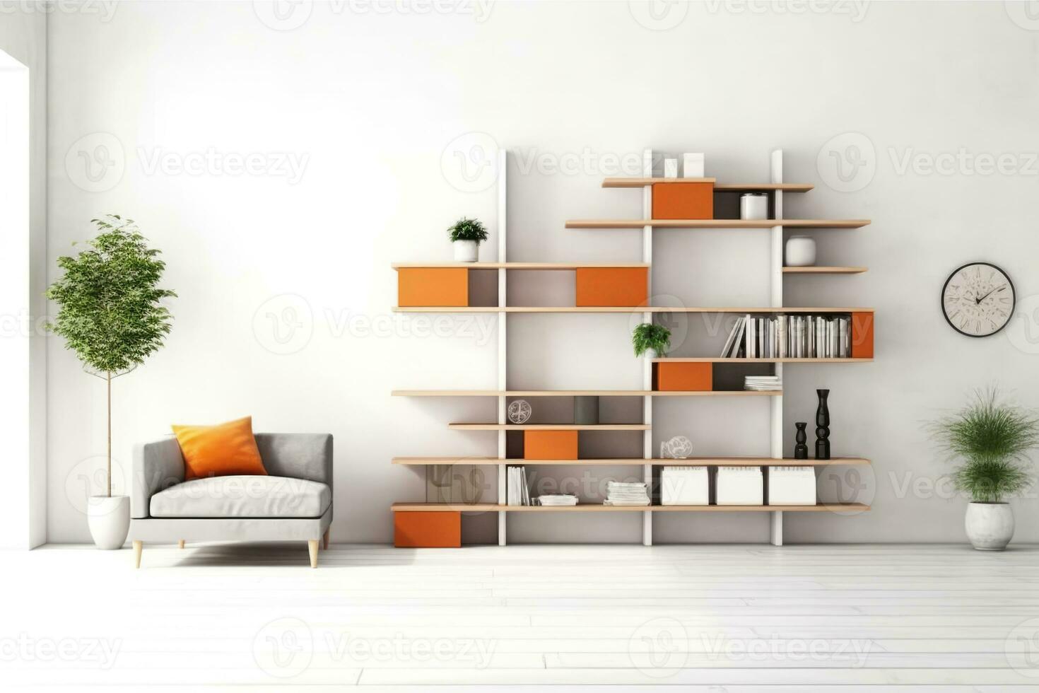 AI Generated Modern room decor style design bright shelves floor background grey home living photo