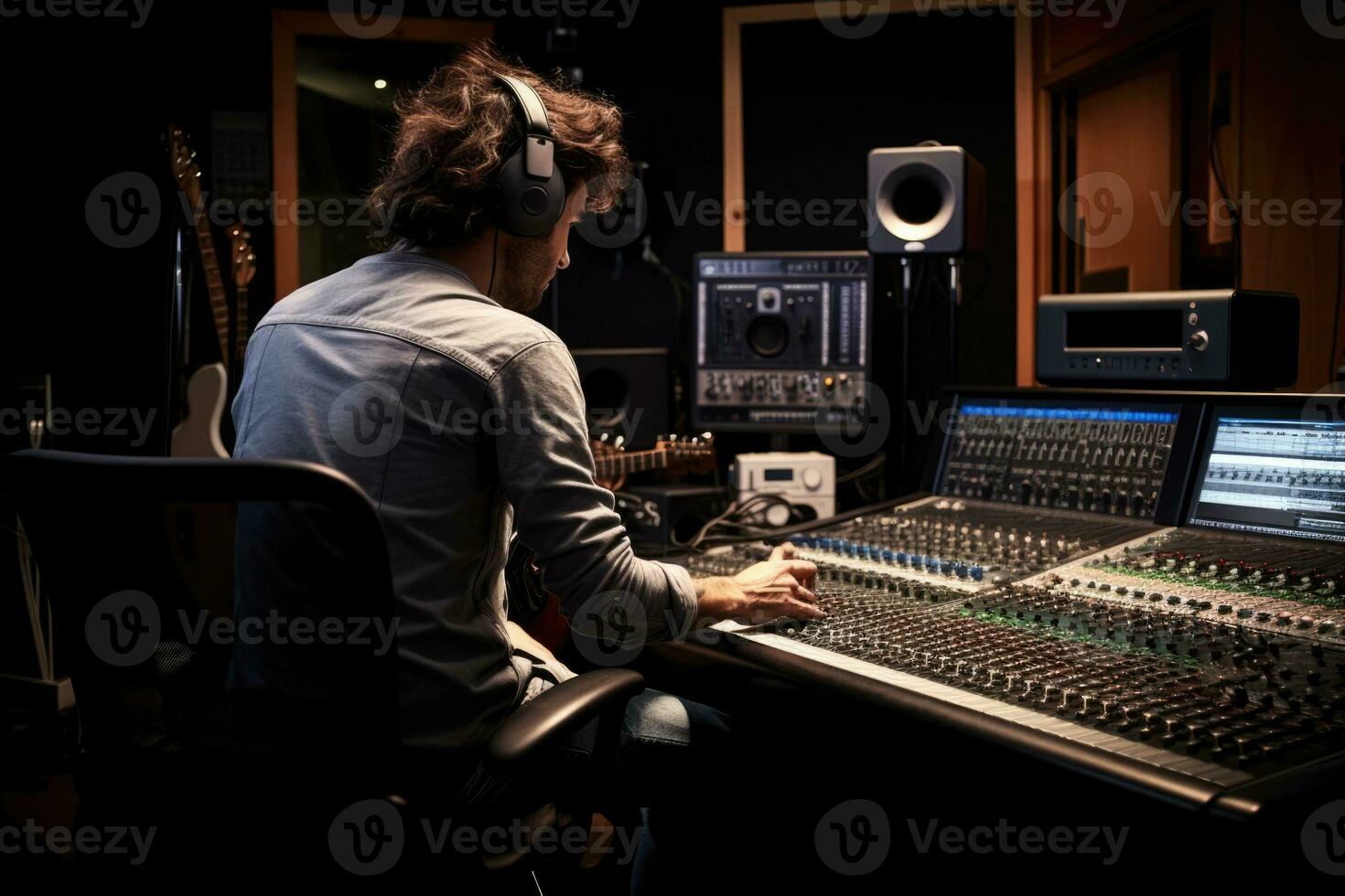 AI Generated Panel technology computer mixer stereo music equalizer musician producer fader dj photo