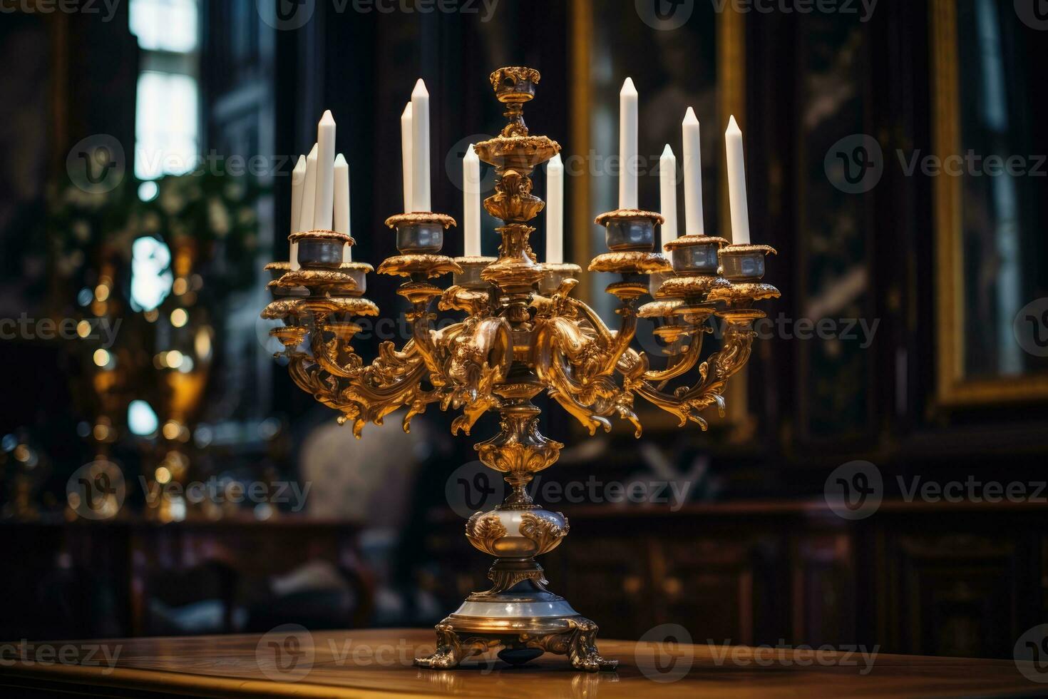 AI Generated Ancient candelabra candlelight celebration antique gold vintage bronze religious travel photo