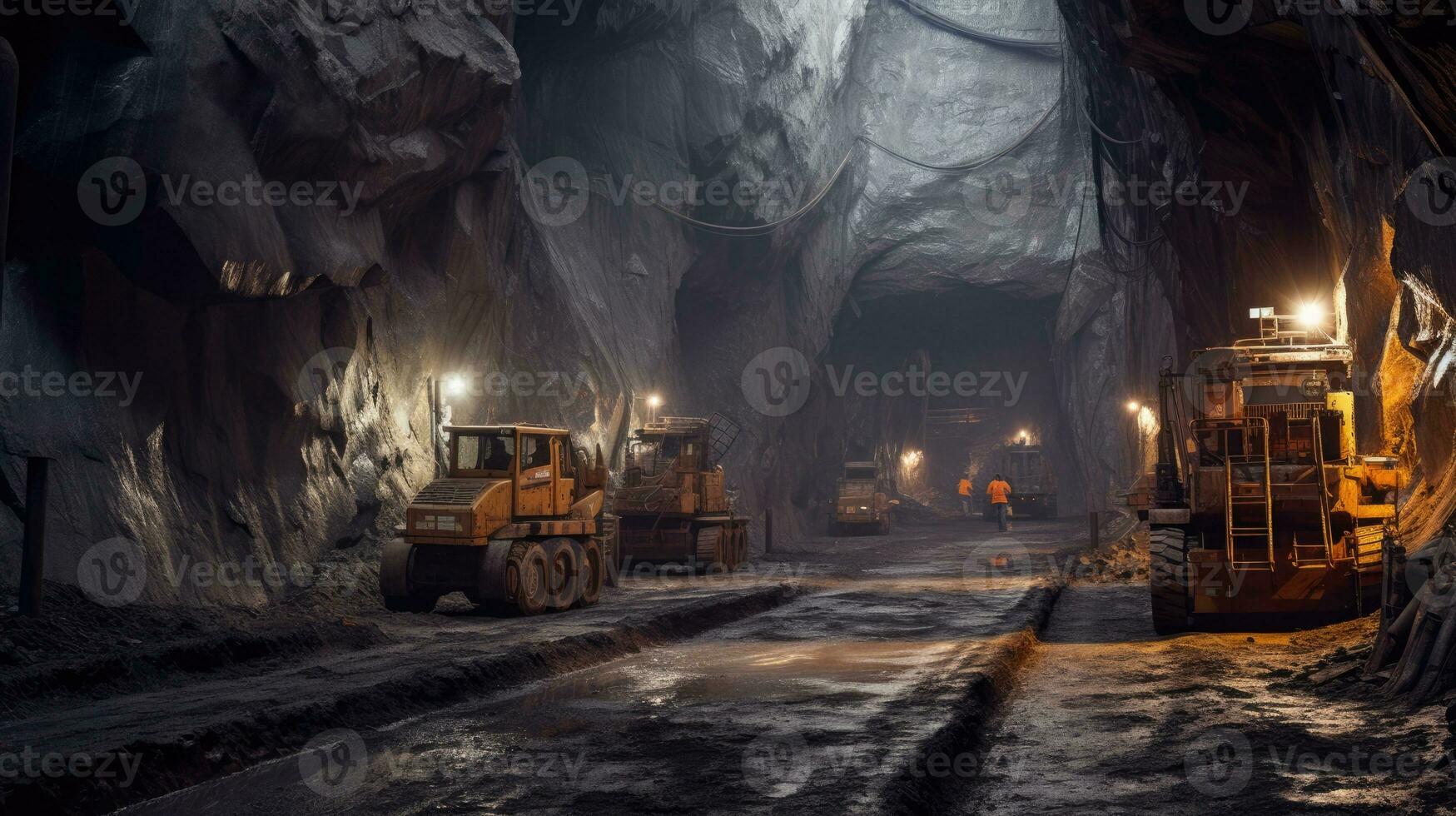 AI Generated Inside industrial cavern construction tunnel dark stone machinery mining rock dig iron photo