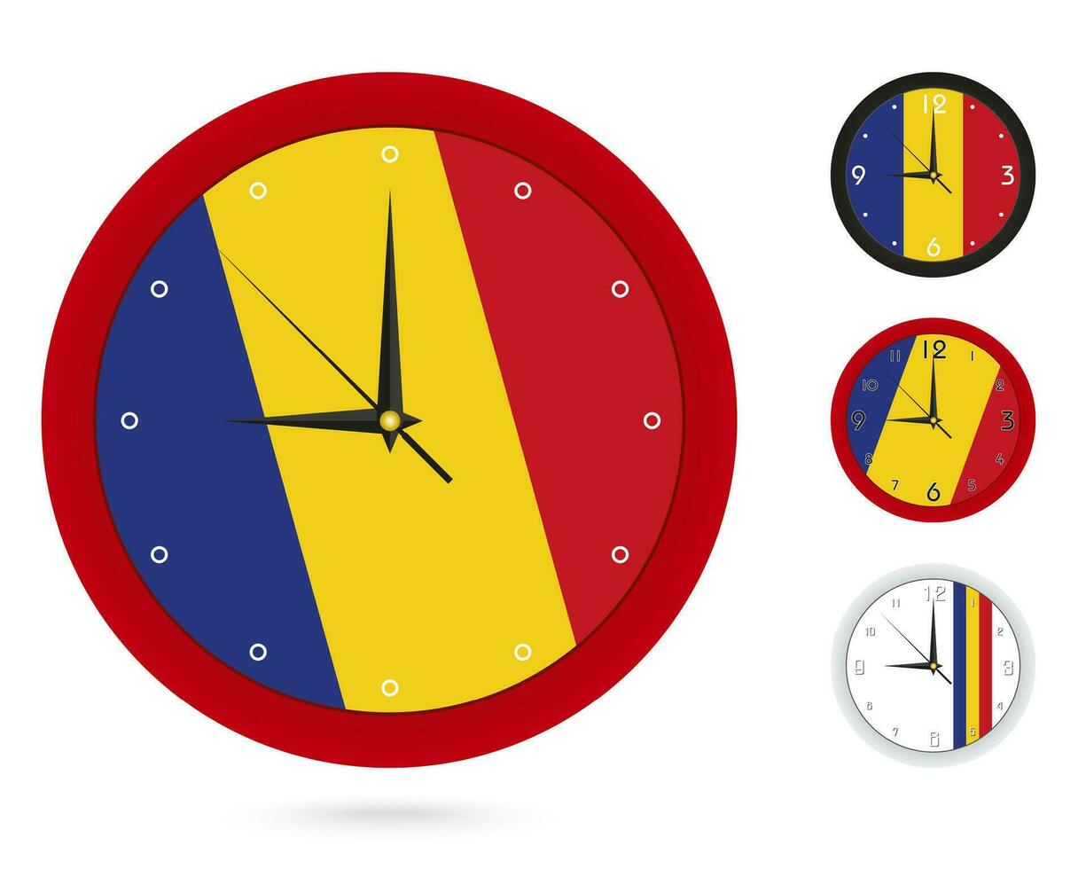 pared reloj diseño con nacional bandera de Rumania. cuatro diferente diseño. vector