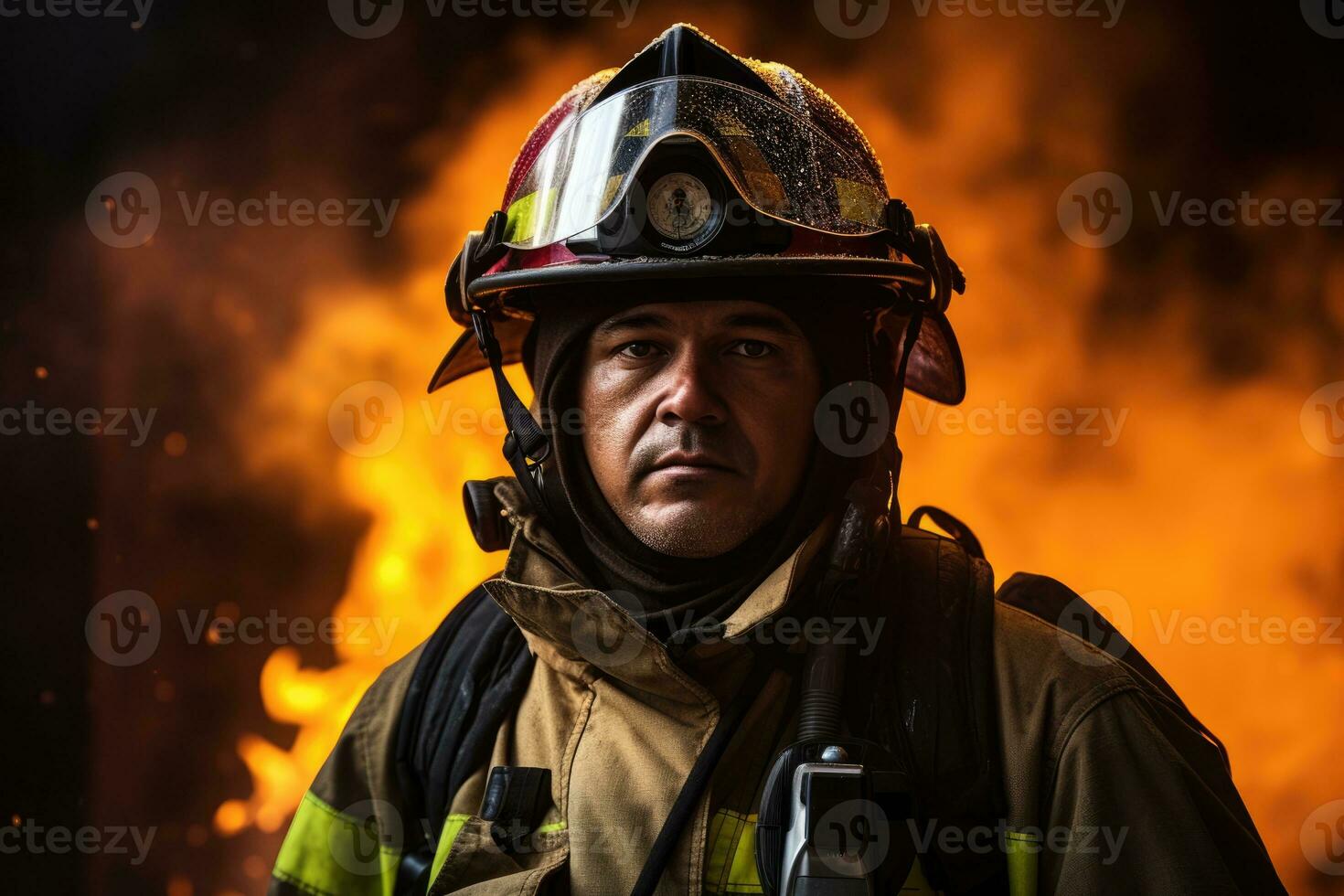 AI Generated Service helmet fire fireman uniform fireproof professional rescue standing occupation photo